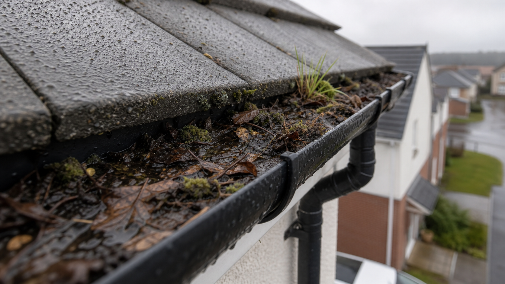 Roofline and gutter before cleaning