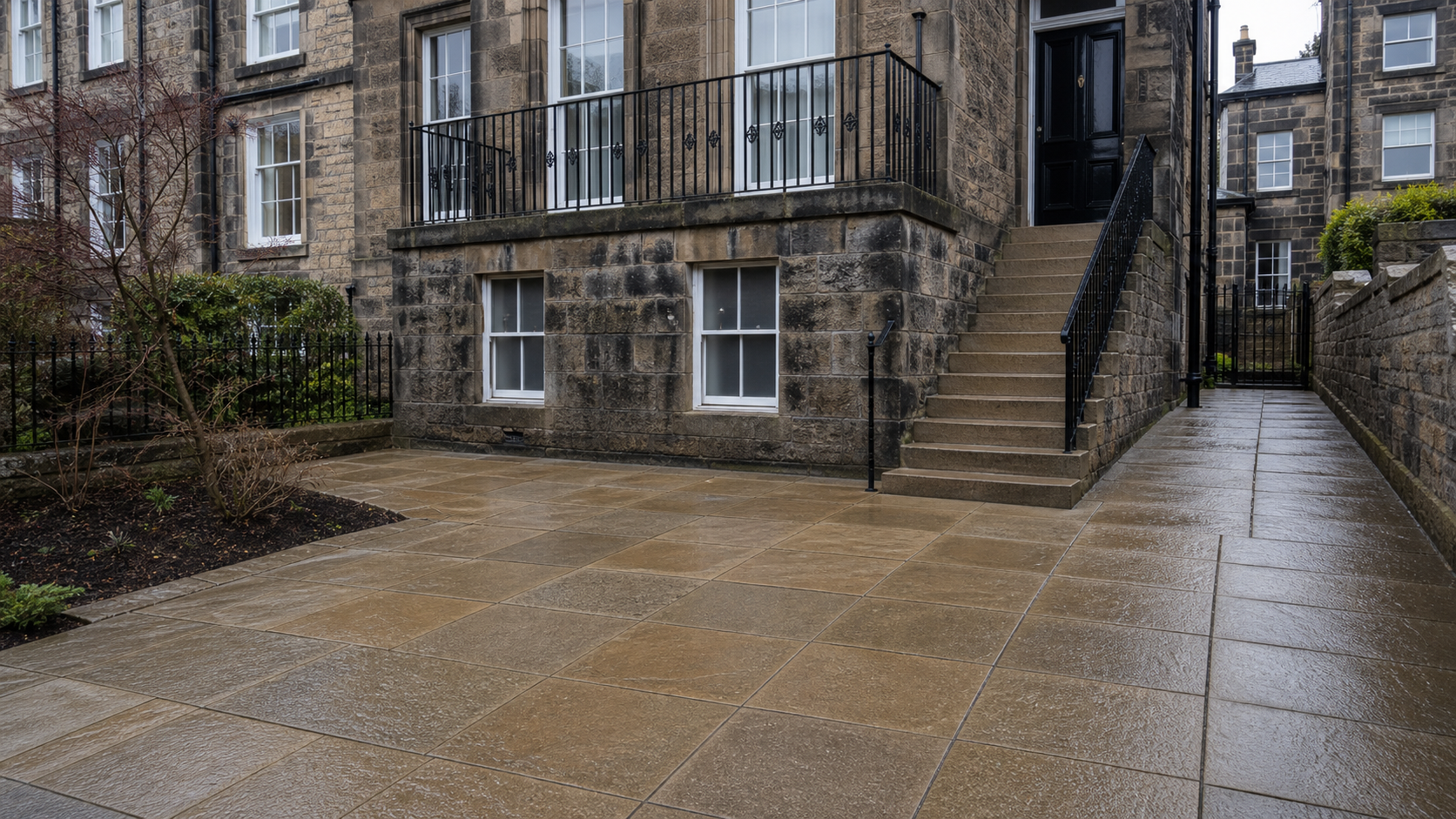 Stone courtyard after pressure washing